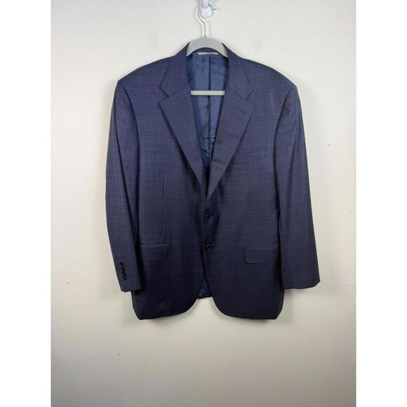 Canali Made In Italy 100% Wool Navy Blue Plaid Blazer Jacket Size 56R - Picture 1 of 9